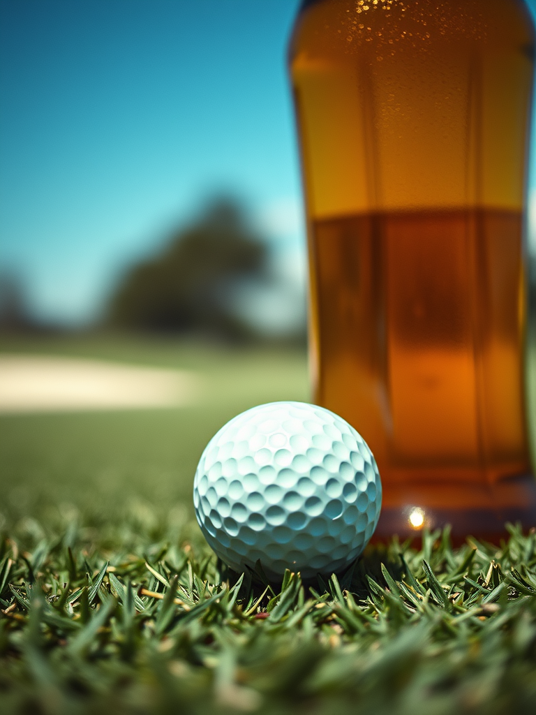 beer and a golf ball on a golf course